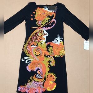 Eva Varro Black Dress with Bold Orange and Pink Patterns